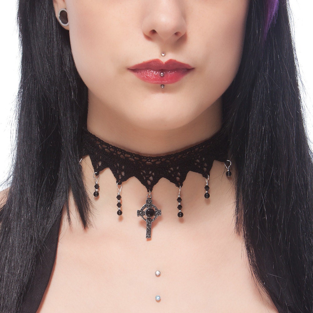 Gothic lace choker with a Black Onyx cross and Jet Swarovski cascade - IMMORTAL