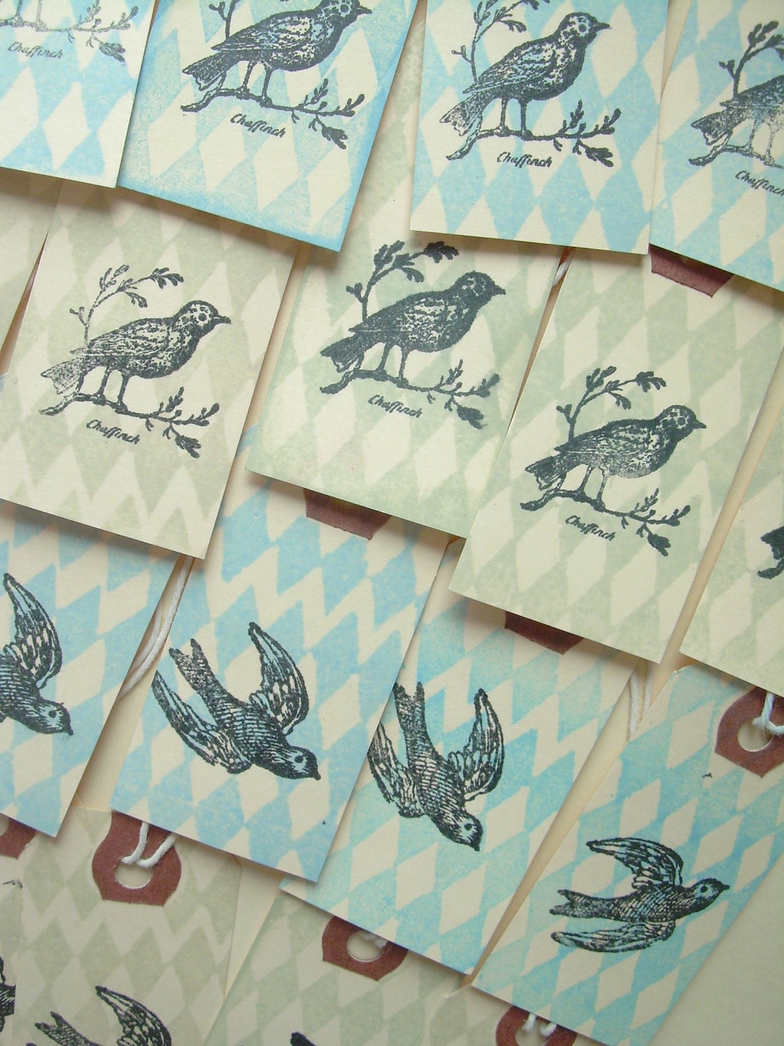 Bird Tags with Sky Blue and Sage Green Diamonds, Set of 20 tags