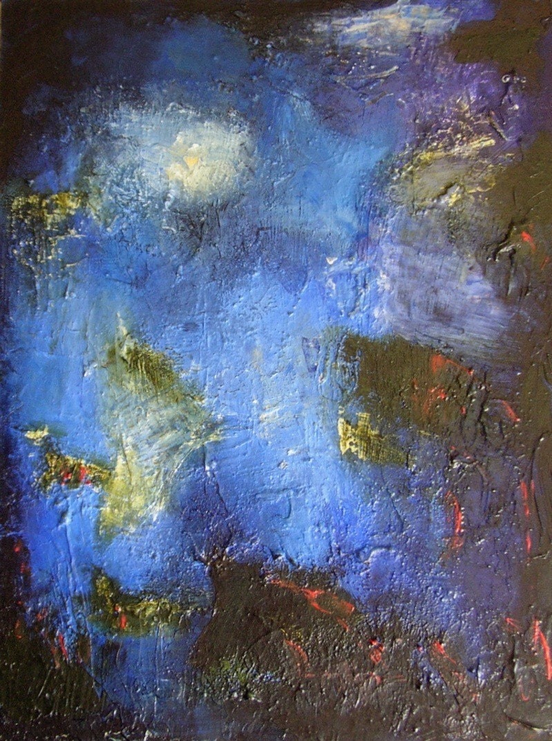Abstract painting, deep blue, olive green, gold, 16 x 12, "Transfigured Night"