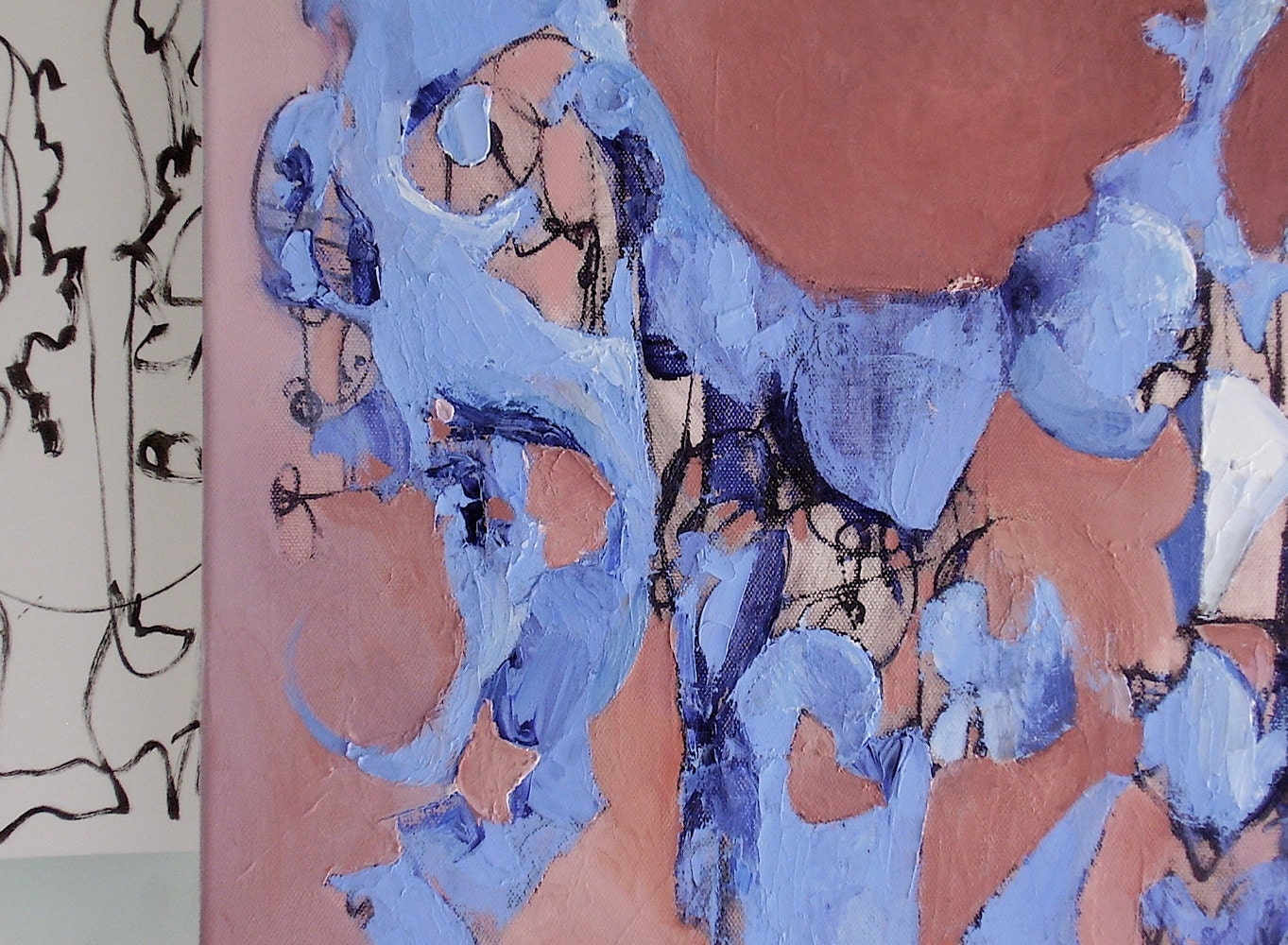 Original Painting, abstract automatist fine art,  light pastel blue, dusty rose pink,   20 x 16 inches