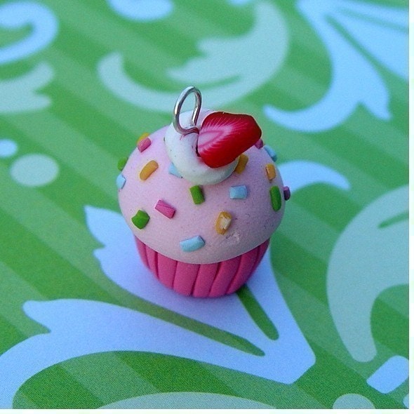 Strawberry Cupcake Charm. Pendant. Polymer Clay with sprinkles.