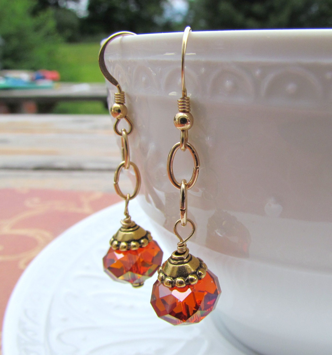 Gold Dangle Earrings. 14 K Gold Crystal earrings. Red Swarovski Earrings. Bridal jewelry