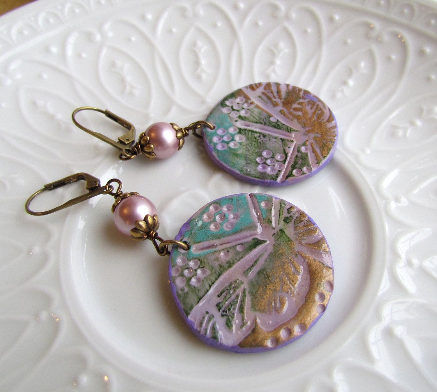 Dragonfly Earrings. Faux Copper Disks Earrings. Dusty Rose and Lavender Circle Earrings. Dragonfly Painted Polymer Clay Earrings.