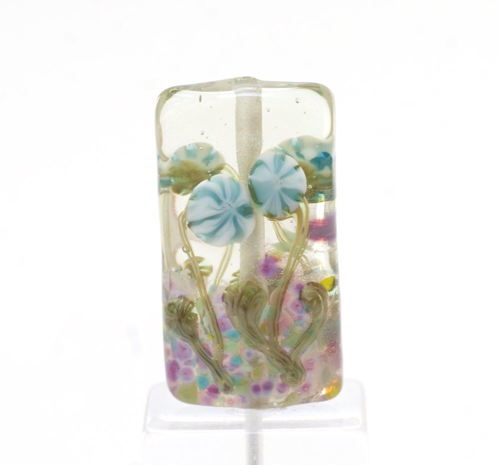 Lampwork Glass Bead Blue Pinwheel Flower Floral Focal Handmade
