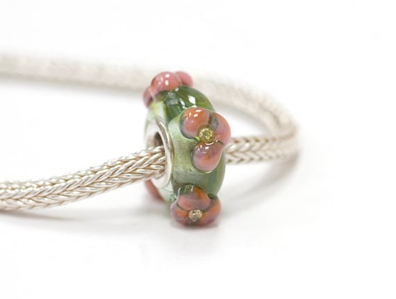 Lampwork Glass Silver Bead European Charm CZ Flowers on Juniper Green Big Large Hole