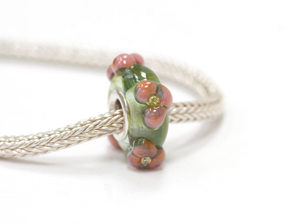Lampwork Glass Silver Bead European Charm CZ Flowers on Juniper Green Big Large Hole