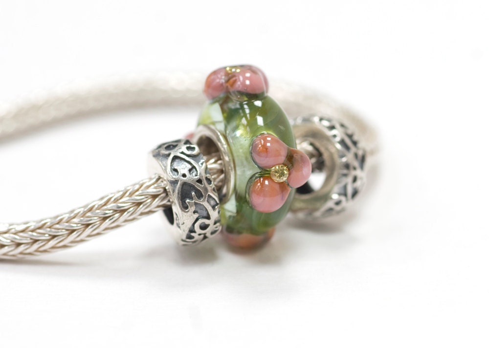 Lampwork Glass Silver Bead European Charm CZ Flowers on Juniper Green Big Large Hole