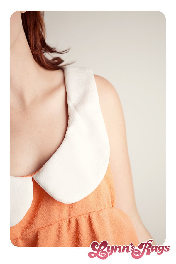 Peach White HEART Tent DRESS Vintage Polyester Peter Pan Collar Handmade LARGE