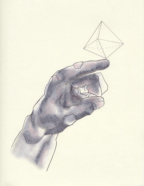 hand drawing, Theaetetus I, octahedron, pencil, conte, white charcoal