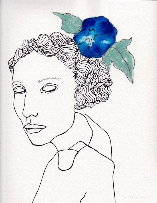 female portrait pen line drawing, 9 x 12