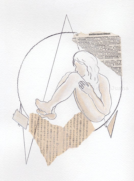 figure, pencil drawing and collage, constellation VIII