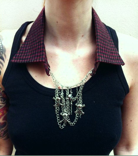 Red/Black Tartan Collar Shirt Necklace with skull pendants OOAK