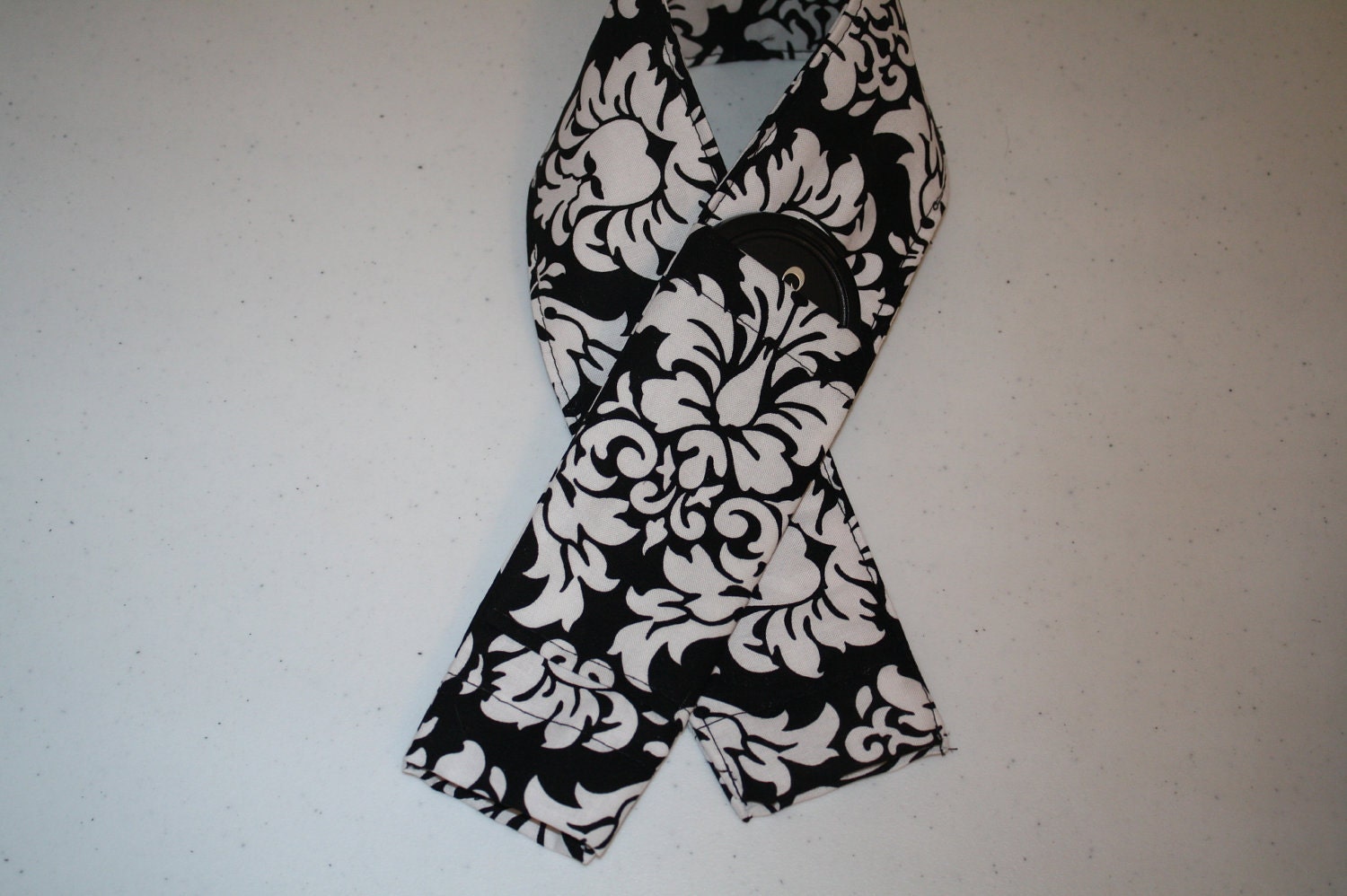 CAMERA Strap Cover Black Damask with Lens Cap Pocket