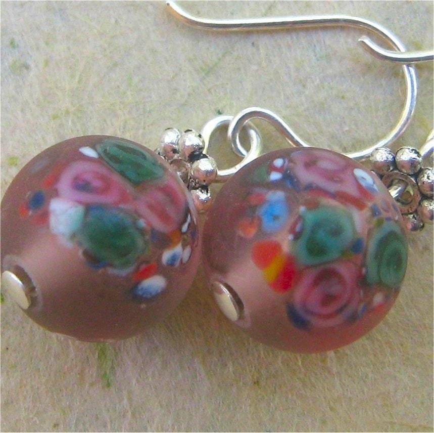 Earrings rose pink floral czech glass - Spring garden