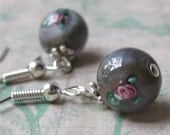 Grey/gray satin earrings round czech glass beads with rose