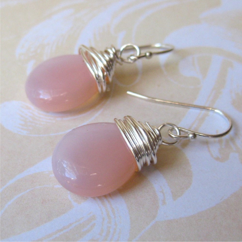 Pink czech glass tear drop earrings - pale milky pink