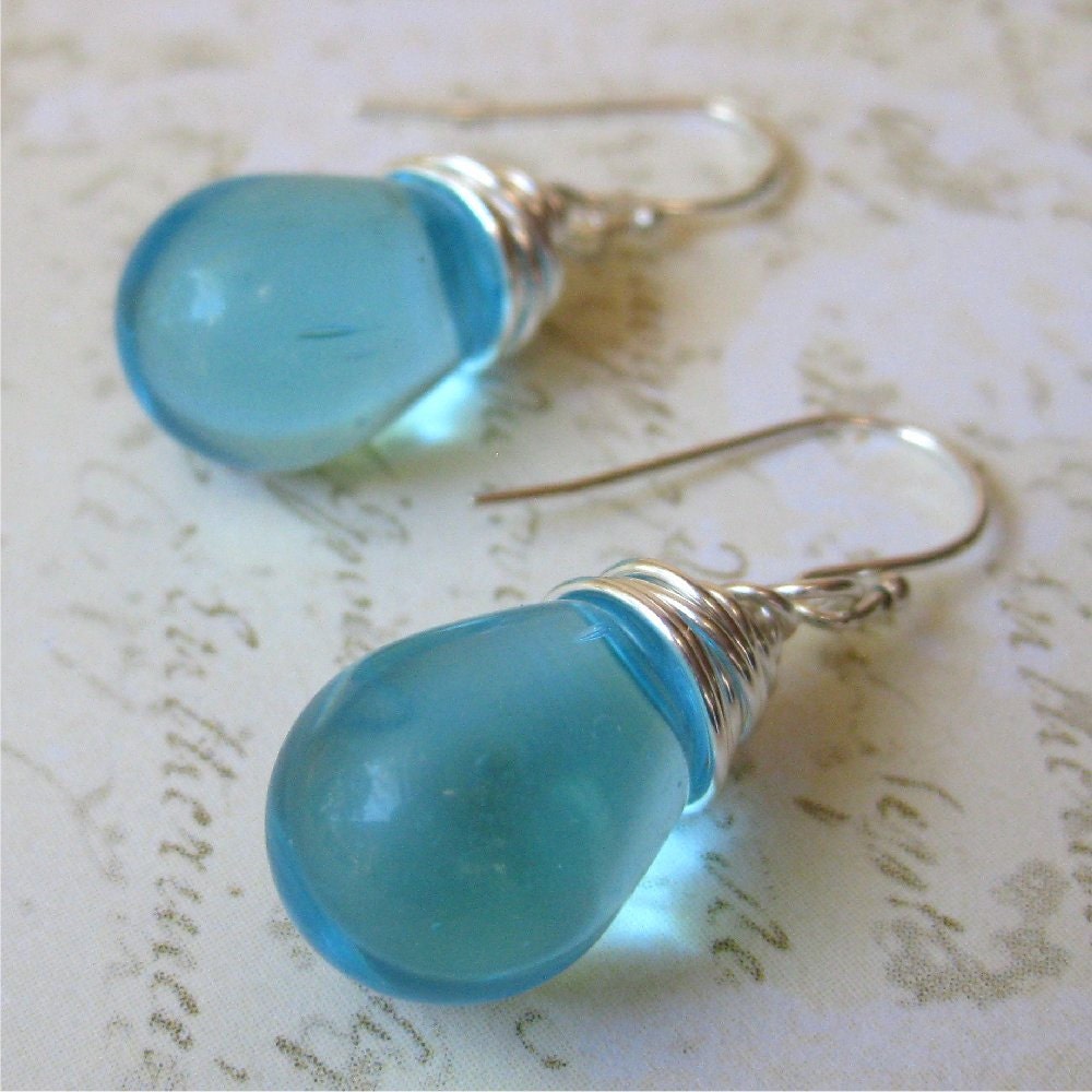 Earrings pale aquamarine czech glass tear drop silver wire wrapped