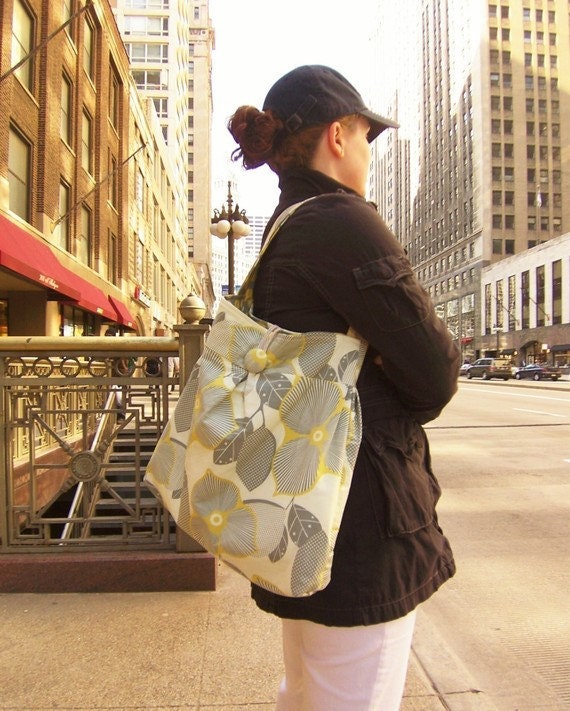 Robins Egg Blue Hobo, Floral, Orange, Large, Reversible, Joel Dewberry Fabrics