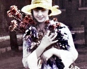 Beautiful Teen Girl Holds Dahlia Flowers Vintage tinted Photo