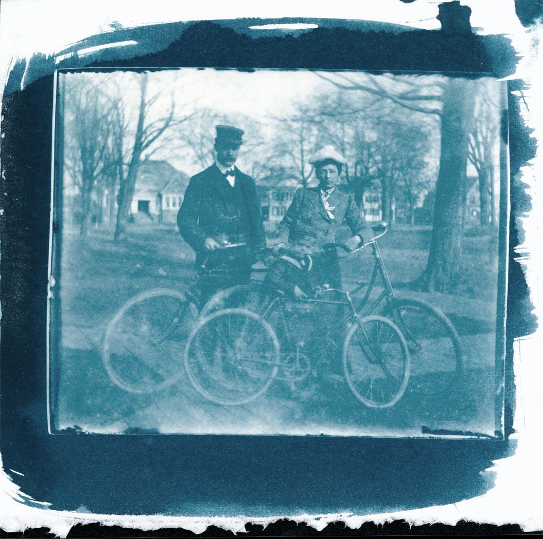 original Cyanotype Photo Connecticut FAmily Rides Bicycles 1898 from Glass Negative