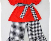 Custom Boutique Clothing Red Peasant Dress Top Black White Gingham Ruffle Pant Outfit Set 3 6 9 12 18 24 month 2T 2 3T 3 4T 4 5T 5 6 7 8