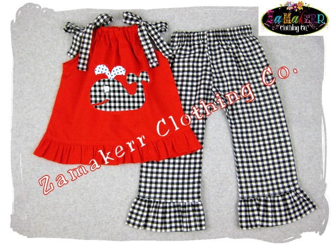 Custom Boutique Clothing Red Pillowcase Top Gingham Ruffle Pant Bottom Outfit Set 3 6 9 12 18 24 month size 2T 2 3T 3 4T 4 5T 5 6 7 8