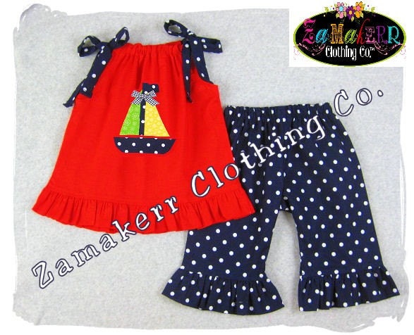 Custom Boutique Clothing Red Pillowcase Dress Top Navy Polka Dot Ruffle Pant Bottom Set 3 6 9 12 18 24 month size 2T 2 3T 3 4T 4 5T 5 6 7 8