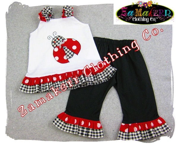 Custom Boutique Clothing Gingham N Dots Ladybug Aline Dress Top Ruffle Pant Outfit Set 3 6 9 12 18 24 month size 2T 2 3T 3 4T 4 5T 5 6 7 8