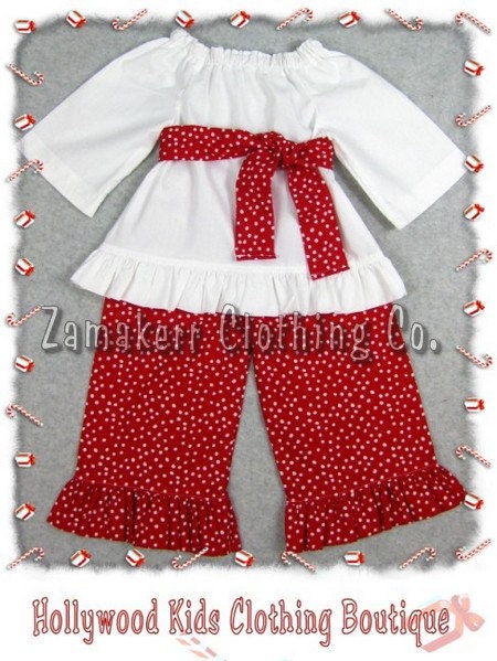 Custom Boutique Clothing Christmas White Peasant Tunic Top Polka Ruffle Pant Outfit Set 3 6 9 12 18 24 month size 2T 2 3T 3 4T 4 5T 5 6 7 8