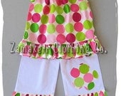 Custom Boutique Girl Clothing Polka Dot Pillowcase Top White Ruffled Pant Outfit Set 3 6 9 12 18 24 month size 2T 2 3T 3 4T 4 5T 5 6 7 8