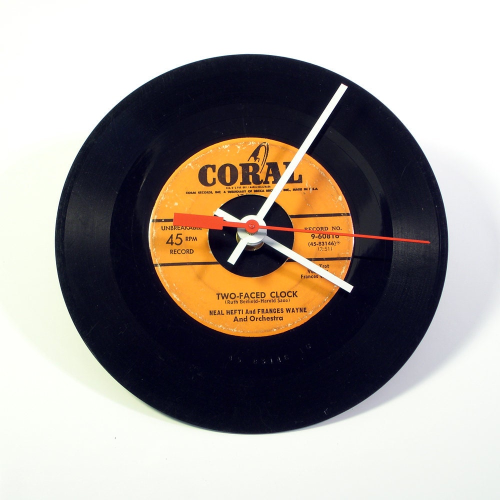 Two-Faced Clock on Coral Records 45 - Recycled 45 Wall Clock