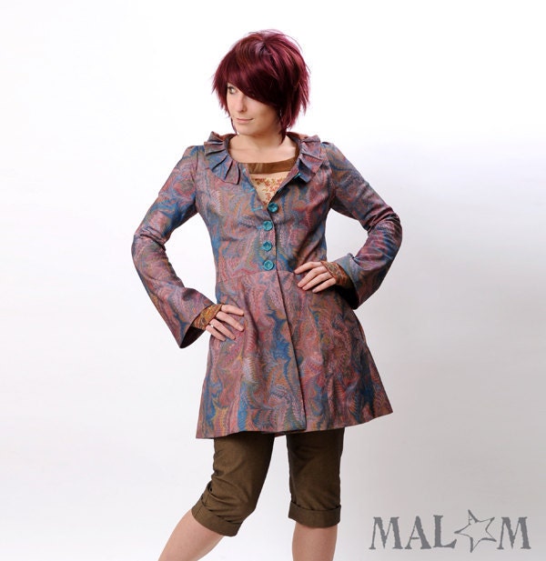 SALE  Coat - Pink Blue Jacket - Hooded Pink and blue rainbow - Bell sleeves and Goblin Hood - autumn coat