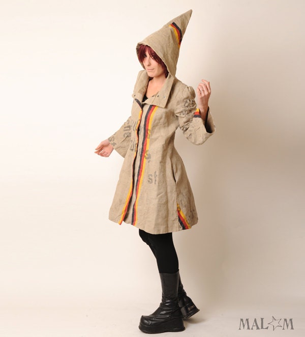 Repurposed Clothing - Recycled Coat with Goblin Hood and tall collar - Repurposed German postal bags - Eco fashion