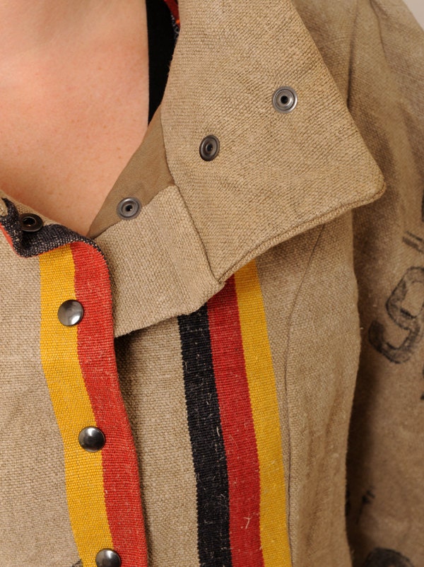 Repurposed Clothing - Recycled Coat with Goblin Hood and tall collar - Repurposed German postal bags - Eco fashion
