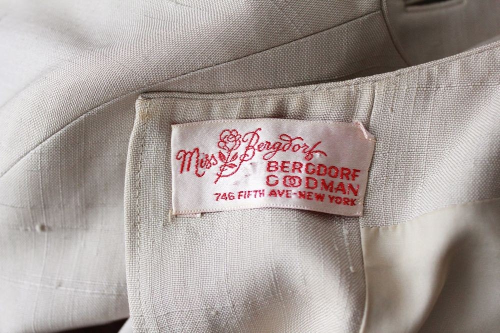1950s vintage Miss Bergdorf silk taupe dress set