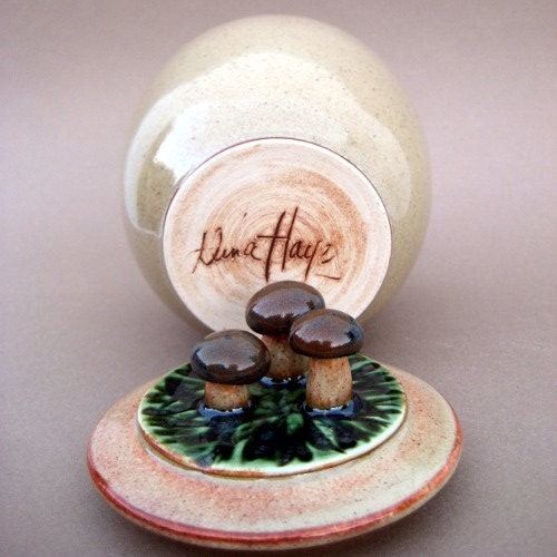 Mushrooms in the Sun Oatmeal Ginger Jar - Handmade stoneware pottery