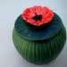 Red Poppy Carved Satin Green  Jar - Hand Sculpted wheel thrown stoneware and porcelain pottery