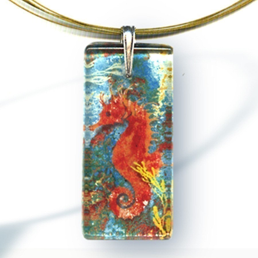 Seahorse Necklace - Reversible Glass Art - AquaForms-- Coral Reef Seahorse
