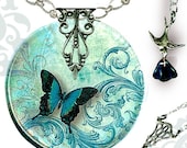 Teal Butterfly Necklace - Reversible Glass Art - Voyageur - The Alhambra Collection - Teal Flight  of the Butterfly - tzaddishop