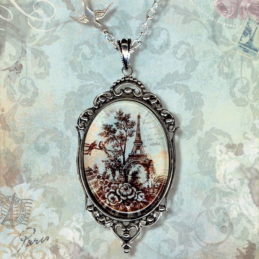 Paris Necklace -Vintage Paris Fashion -  Glass Parisian Scenic Toile