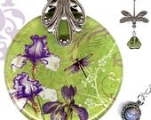 Iris and Dragonfly Necklace - Reversible Glass Art -Voyageur - Nouveau Jardin Collection -  Nouveau Plum Iris Garden