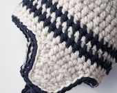 Children Winter Hat Vegan Toddler  Aviator Beanie with Earflaps Tassels Off White and Navy Blue 12 to 36 Months