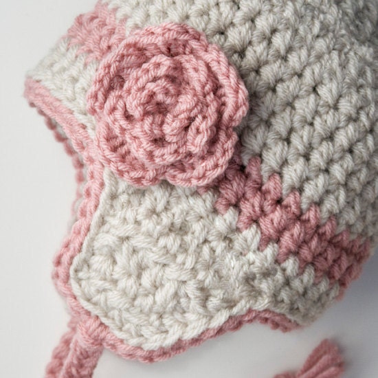 Little Girls Hat Easter Hat Ear Flap Beanie Flower Ivory Cream Off White Pink 12 to 36 Months