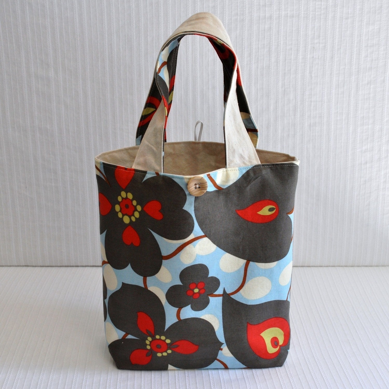 Lunch Bag in Blue Morning Glory - Blue Red and Gray Mini Tote