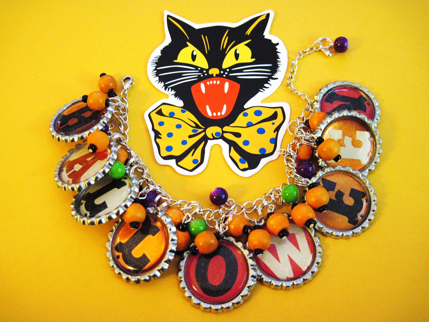 Halloween Charm Bracelet Altered Art OOAK Vintage Style Jewelry Orange Purple & Green Beads Holiday Fun