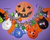 Halloween Charm Bracelet Witch Black Cat JOL Pumpkin Bat Ghost Frankenstein OOAK Funky Chunky Kitsch Fun