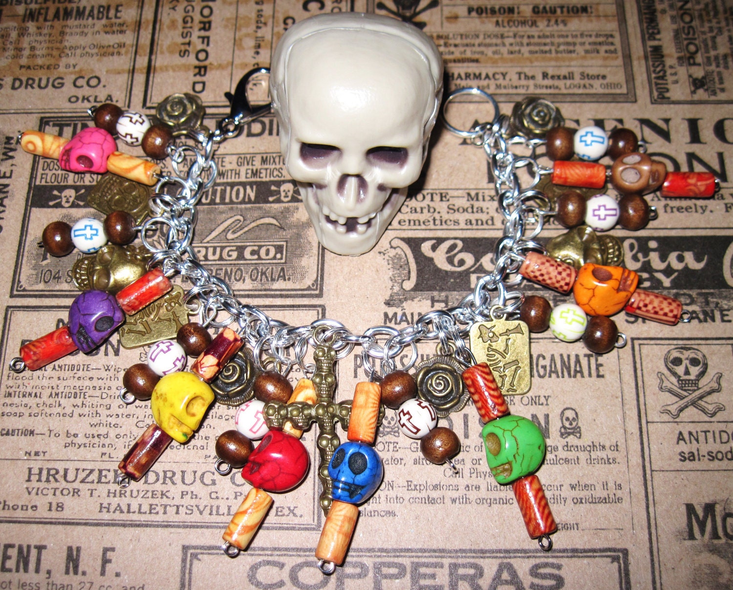Day of The Dead Charm Bracelet Sugar Skull Jewelry Dia De Los Muertos Beads Mexican Themed Jewelry OOAK Eclectic Statement Piece