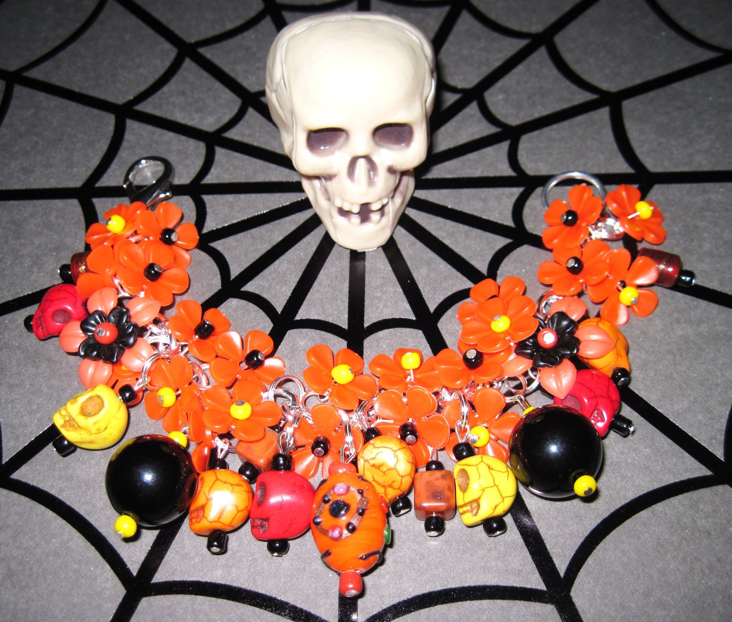 Day of The Dead Charm Bracelet Sugar Skull Jewelry Dia De Los Muertos Flower Beads Mexican Themed Jewelry OOAK Vintage & New Statement Piece