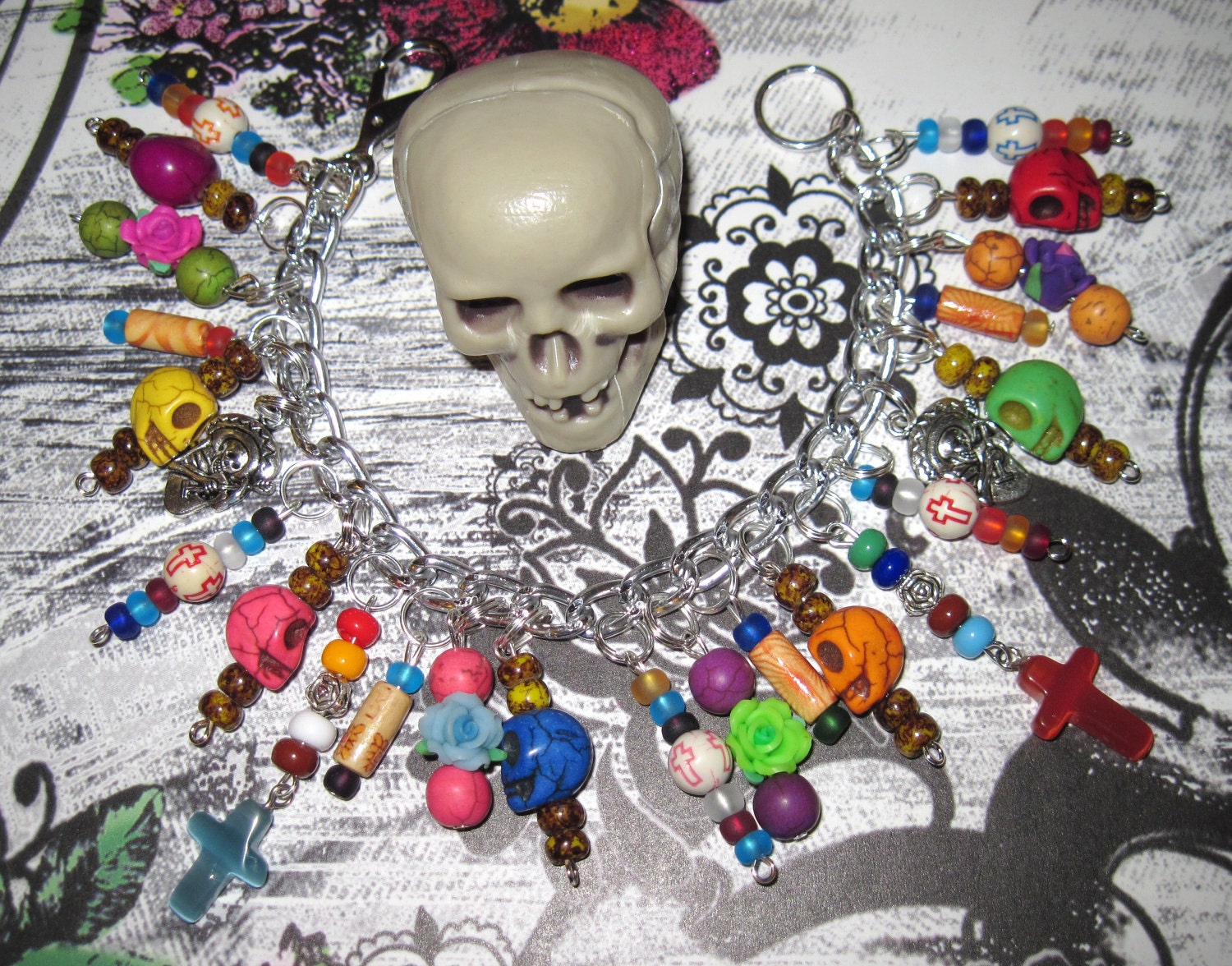 Day of The Dead Charm Bracelet Sugar Skull Jewelry Dia De Los Muertos Beads Mexican Themed Jewelry OOAK Eclectic Statement Piece