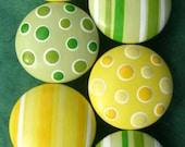 Lemon Yellow, Green and White Polka Dots and Stripes -  Hand Painted Drawer Knobs Set of 8